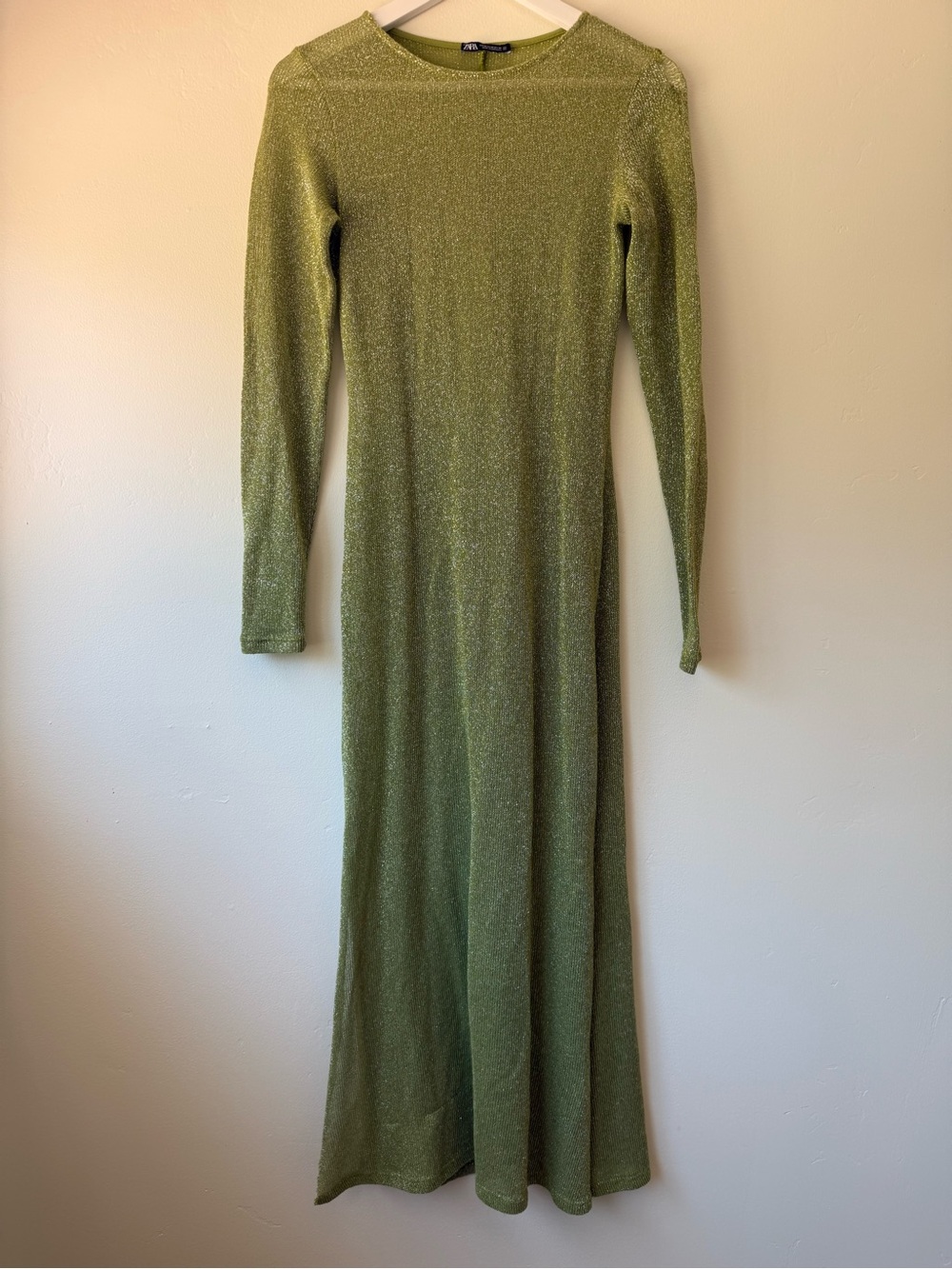 Zara Olive Green Sparkle Long Sleeve Maxi Dress